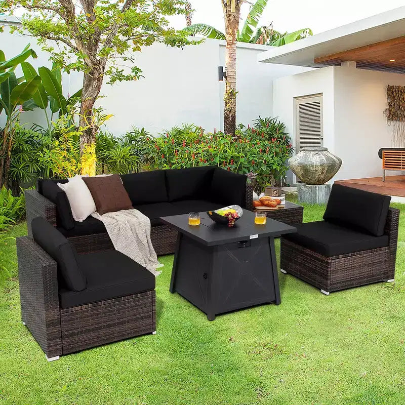 Costway 7PCS Patio Rattan Furniture Set Fire Pit Table Cover Cushion Off White\Black\Navy\Red\Turquoise