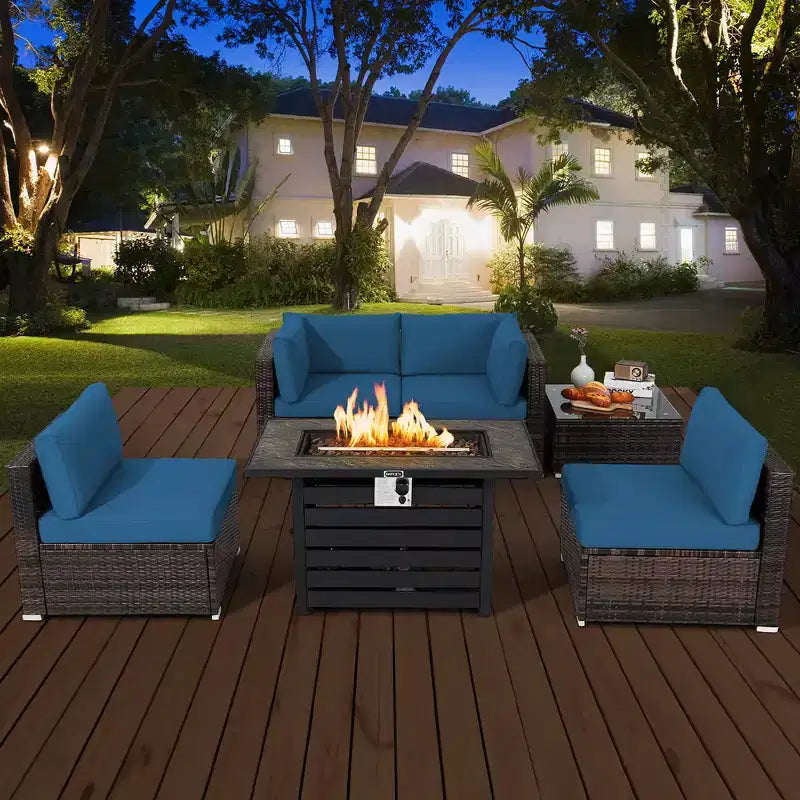 Ensemble de meubles de patio en rotin Costway 6 pièces avec table de foyer de 107 cm et coussins de canapé blanc cassé/noir/bleu marine/rouge/turquoise