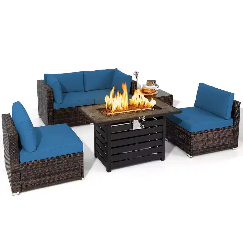 Ensemble de meubles de patio en rotin Costway 6 pièces avec table de foyer de 107 cm et coussins de canapé blanc cassé/noir/bleu marine/rouge/turquoise