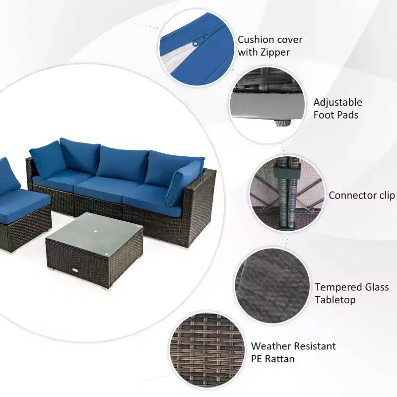 Ensemble de meubles de patio en rotin Costway 6 pièces avec table de foyer de 107 cm et coussins de canapé blanc cassé/noir/bleu marine/rouge/turquoise