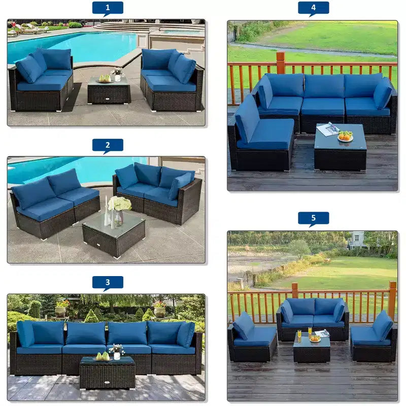 Ensemble de meubles de patio en rotin Costway 6 pièces avec table de foyer de 107 cm et coussins de canapé blanc cassé/noir/bleu marine/rouge/turquoise