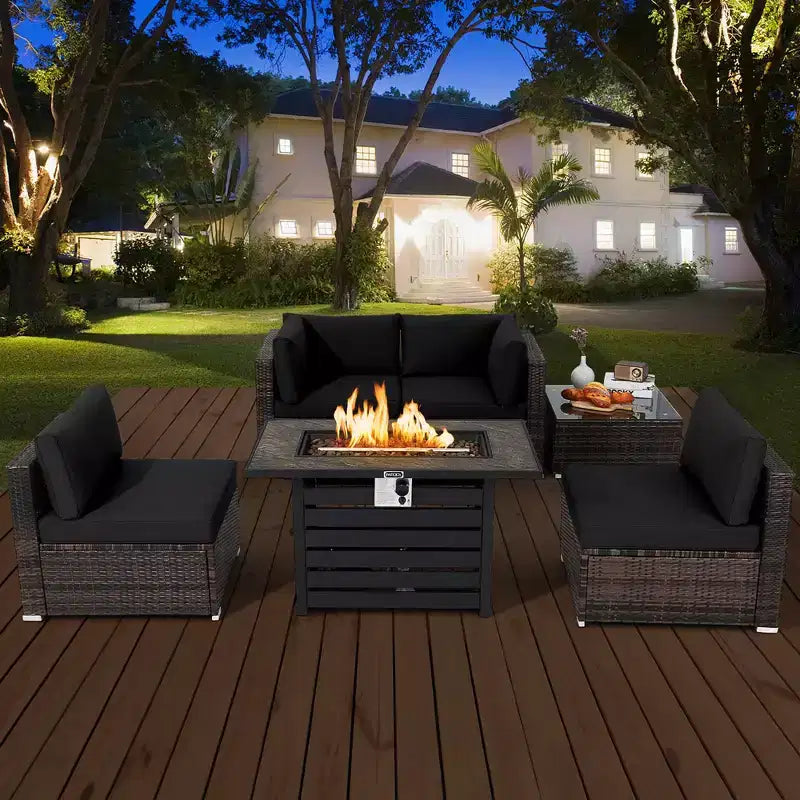 Ensemble de meubles de patio en rotin Costway 6 pièces avec table de foyer de 107 cm et coussins de canapé blanc cassé/noir/bleu marine/rouge/turquoise