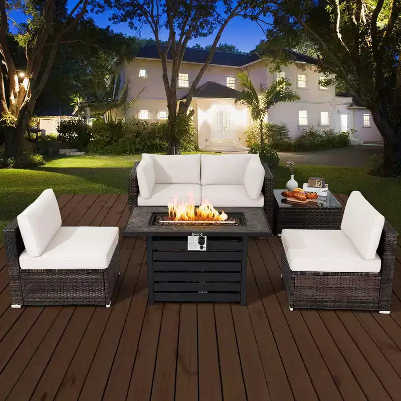 Ensemble de meubles de patio en rotin Costway 6 pièces avec table de foyer de 107 cm et coussins de canapé blanc cassé/noir/bleu marine/rouge/turquoise