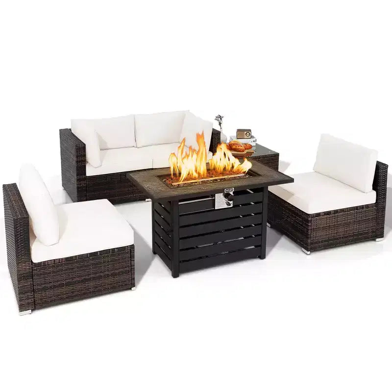 Ensemble de meubles de patio en rotin Costway 6 pièces avec table de foyer de 107 cm et coussins de canapé blanc cassé/noir/bleu marine/rouge/turquoise