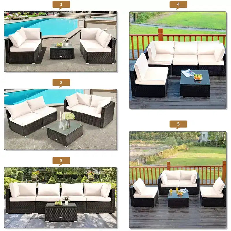 Ensemble de meubles de patio en rotin Costway 6 pièces avec table de foyer de 107 cm et coussins de canapé blanc cassé/noir/bleu marine/rouge/turquoise