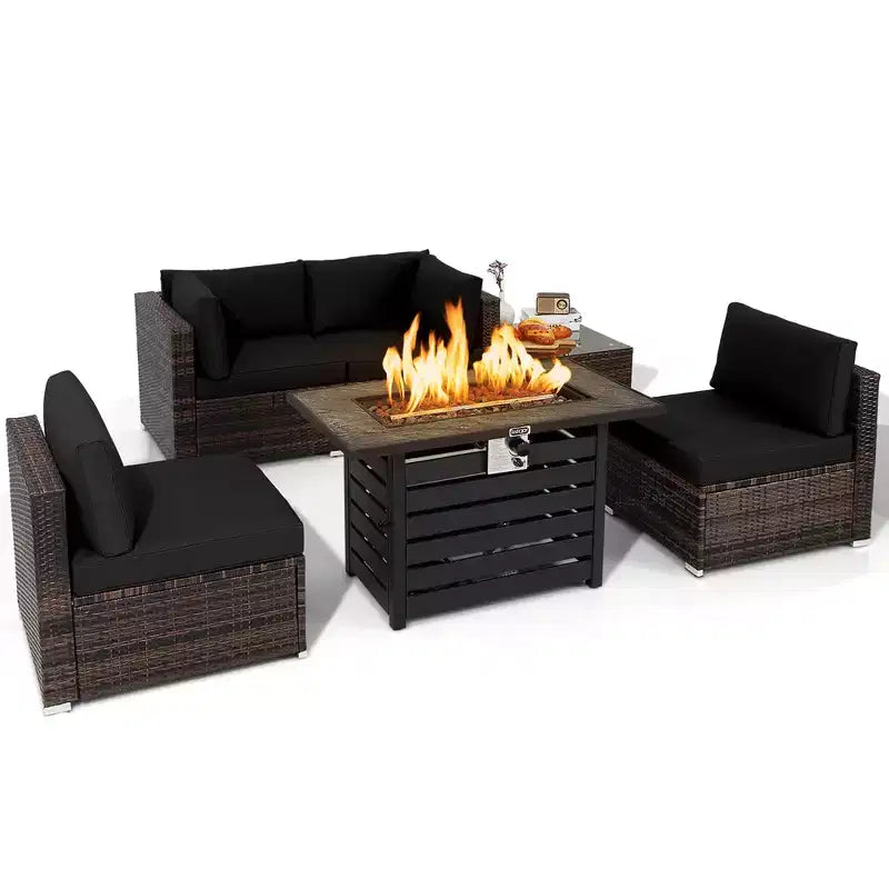 Ensemble de meubles de patio en rotin Costway 6 pièces avec table de foyer de 107 cm et coussins de canapé blanc cassé/noir/bleu marine/rouge/turquoise