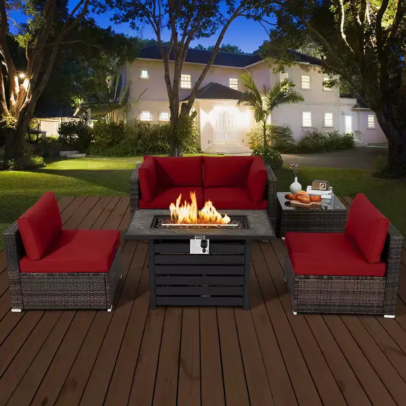 Ensemble de meubles de patio en rotin Costway 6 pièces avec table de foyer de 107 cm et coussins de canapé blanc cassé/noir/bleu marine/rouge/turquoise