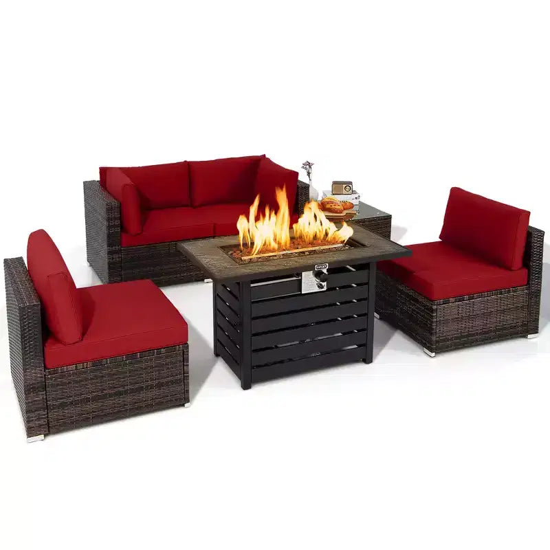 Ensemble de meubles de patio en rotin Costway 6 pièces avec table de foyer de 107 cm et coussins de canapé blanc cassé/noir/bleu marine/rouge/turquoise