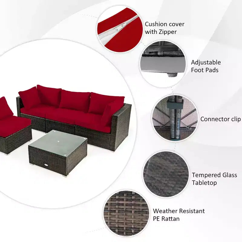Ensemble de meubles de patio en rotin Costway 6 pièces avec table de foyer de 107 cm et coussins de canapé blanc cassé/noir/bleu marine/rouge/turquoise