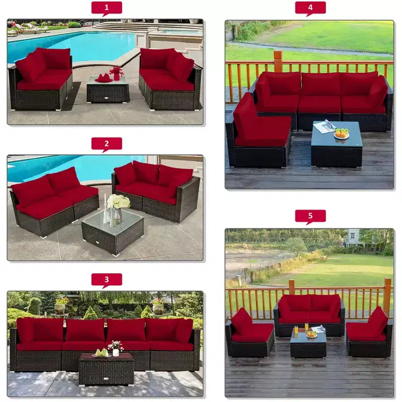 Ensemble de meubles de patio en rotin Costway 6 pièces avec table de foyer de 107 cm et coussins de canapé blanc cassé/noir/bleu marine/rouge/turquoise