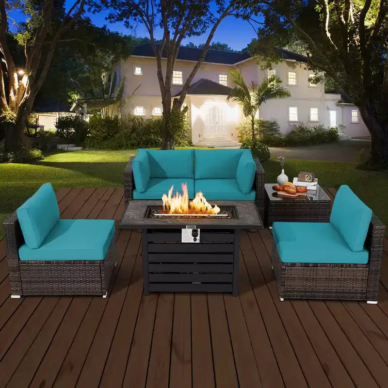Ensemble de meubles de patio en rotin Costway 6 pièces avec table de foyer de 107 cm et coussins de canapé blanc cassé/noir/bleu marine/rouge/turquoise