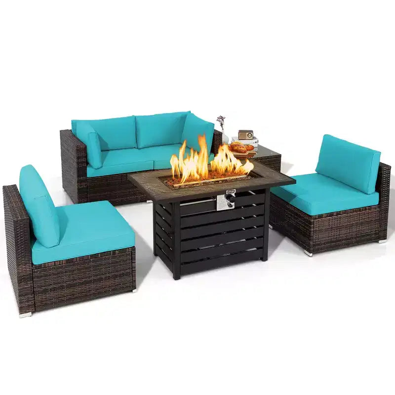 Ensemble de meubles de patio en rotin Costway 6 pièces avec table de foyer de 107 cm et coussins de canapé blanc cassé/noir/bleu marine/rouge/turquoise