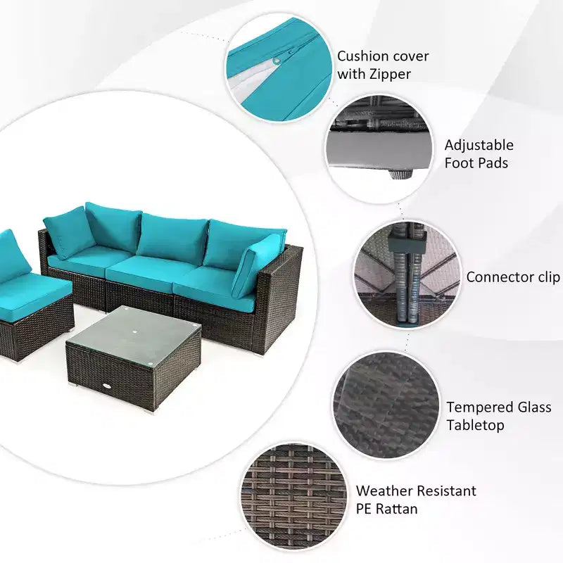 Ensemble de meubles de patio en rotin Costway 6 pièces avec table de foyer de 107 cm et coussins de canapé blanc cassé/noir/bleu marine/rouge/turquoise