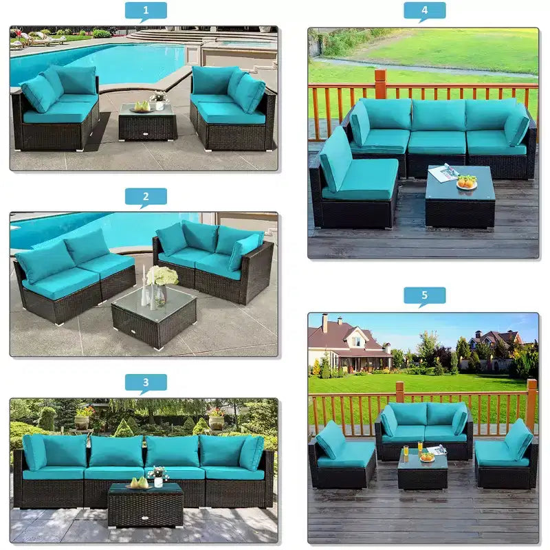 Ensemble de meubles de patio en rotin Costway 6 pièces avec table de foyer de 107 cm et coussins de canapé blanc cassé/noir/bleu marine/rouge/turquoise