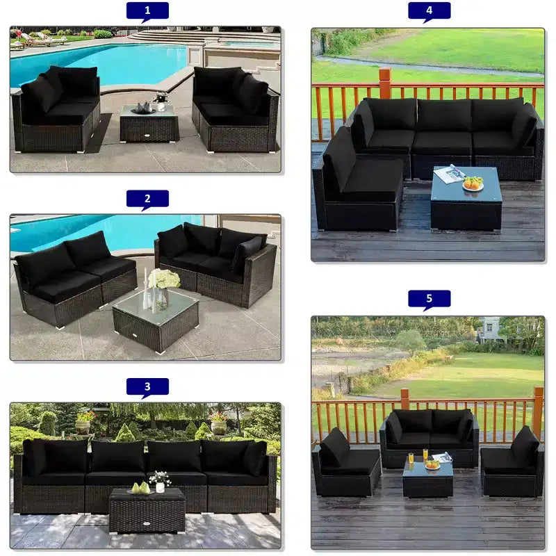 Ensemble de meubles de patio en rotin Costway 6 pièces avec table de foyer de 107 cm et coussins de canapé blanc cassé/noir/bleu marine/rouge/turquoise