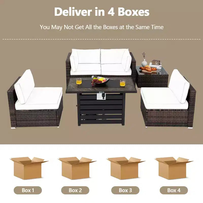 Ensemble de meubles de patio en rotin Costway 6 pièces avec table de foyer de 107 cm et coussins de canapé blanc cassé/noir/bleu marine/rouge/turquoise