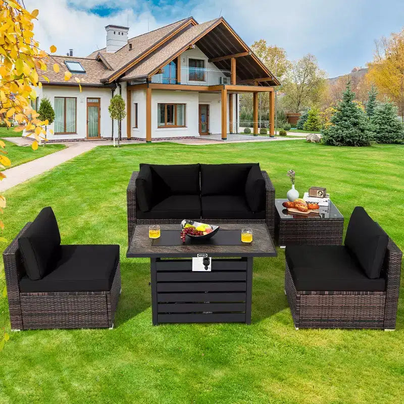 Costway 6PCS Patio Rattan Furniture Set 42'' Fire Pit Table Cover Sofa Cushion Off White/Black/Navy/Red/Turquoise