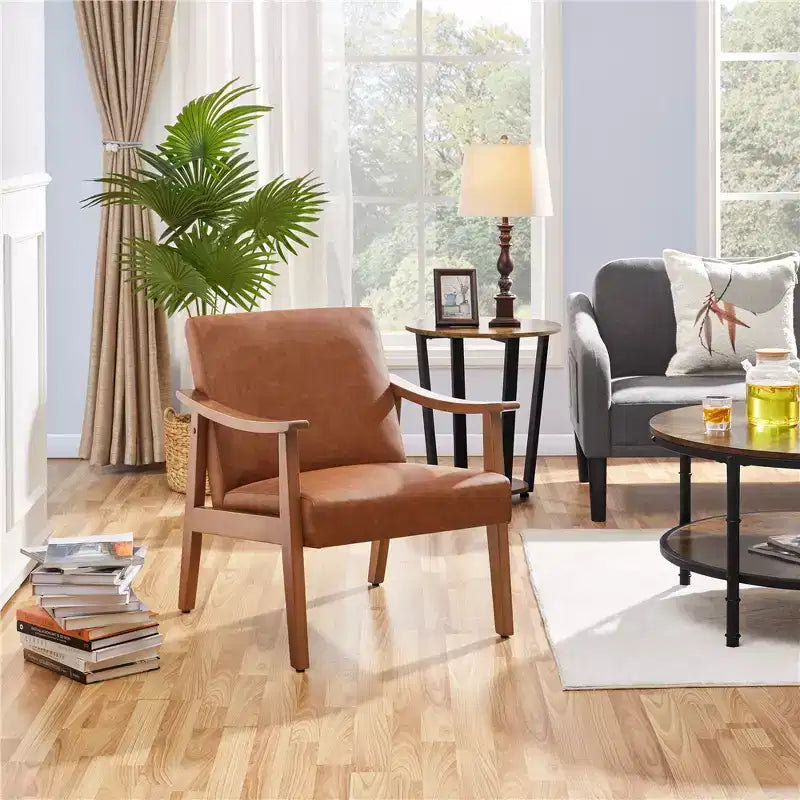 Yaheetech Modern Faux Leather Upholstered Armchair Accent Chair with Solid Wood Legs