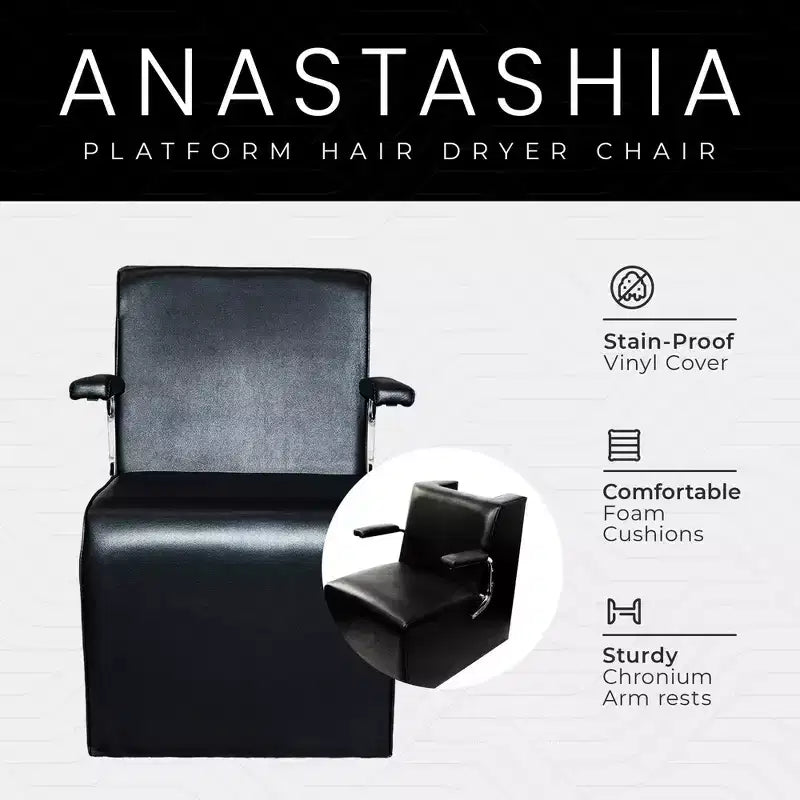 PureSana Chromium Anastasia Vinyl Professional Platform Hair Dryer Chair with Back Cutout for Hair Drying Systems and Steel Handles, Black