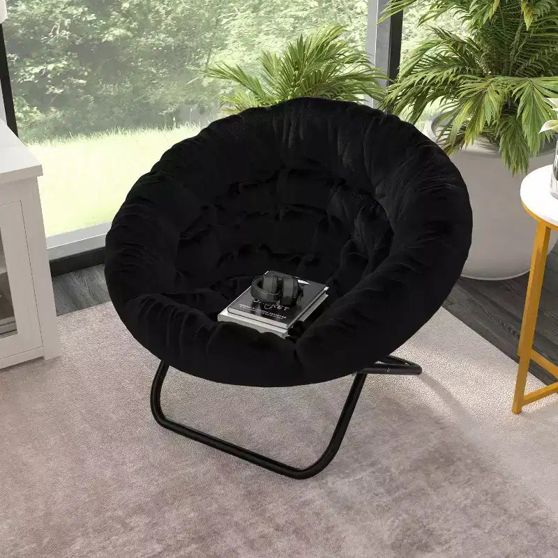 Emma and Oliver Oversize Folding Saucer Chair with Cozy Faux Fur Cushion and Metal Frame for Dorms, Bedrooms, Apartments and More