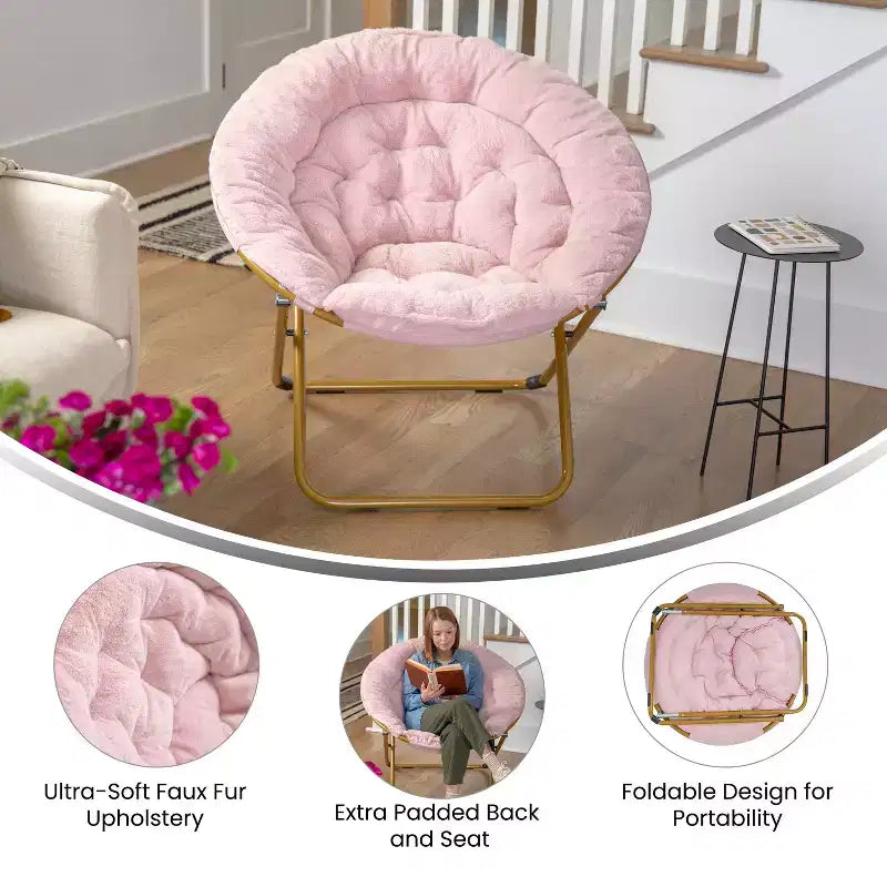 Emma and Oliver Oversize Folding Saucer Chair with Cozy Faux Fur Cushion and Metal Frame for Dorms, Bedrooms, Apartments and More
