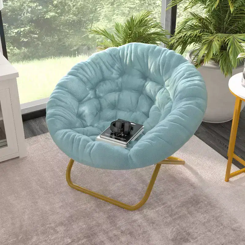 Emma and Oliver Oversize Folding Saucer Chair with Cozy Faux Fur Cushion and Metal Frame for Dorms, Bedrooms, Apartments and More