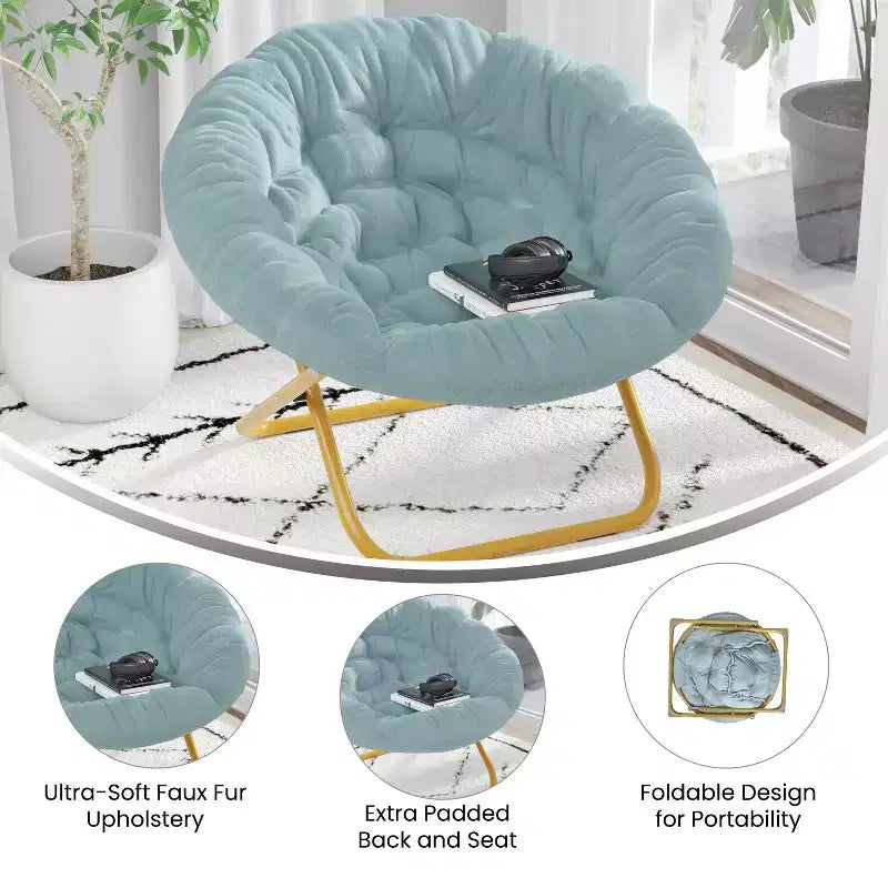Emma and Oliver Oversize Folding Saucer Chair with Cozy Faux Fur Cushion and Metal Frame for Dorms, Bedrooms, Apartments and More
