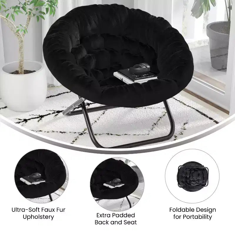 Emma and Oliver Oversize Folding Saucer Chair with Cozy Faux Fur Cushion and Metal Frame for Dorms, Bedrooms, Apartments and More