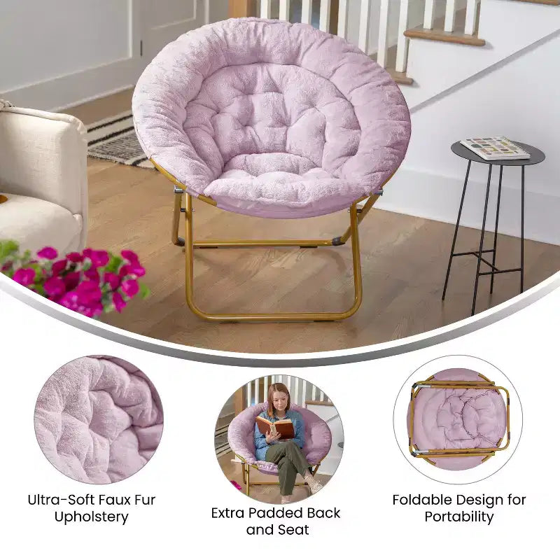 Emma and Oliver Oversize Folding Saucer Chair with Cozy Faux Fur Cushion and Metal Frame for Dorms, Bedrooms, Apartments and More