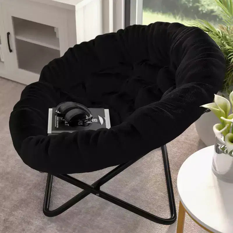 Emma and Oliver Oversize Folding Saucer Chair with Cozy Faux Fur Cushion and Metal Frame for Dorms, Bedrooms, Apartments and More