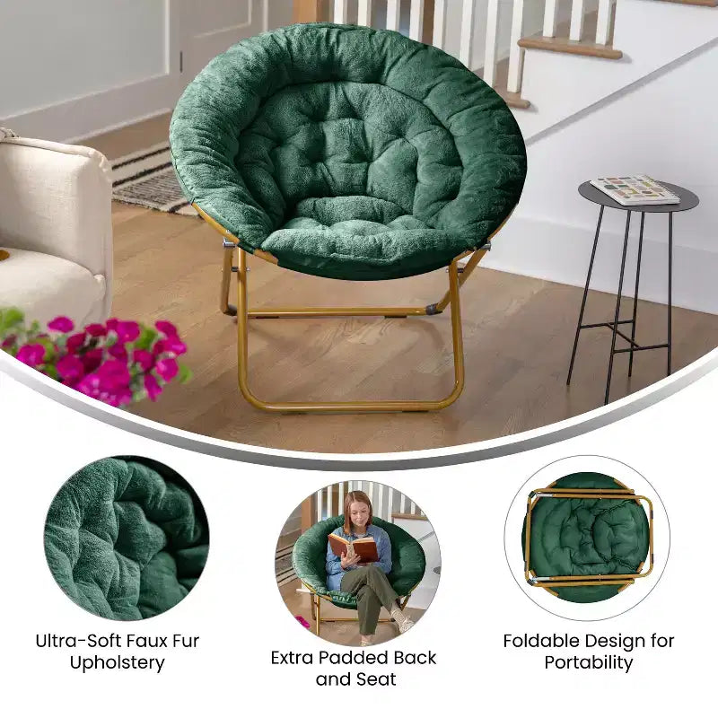 Emma and Oliver Oversize Folding Saucer Chair with Cozy Faux Fur Cushion and Metal Frame for Dorms, Bedrooms, Apartments and More