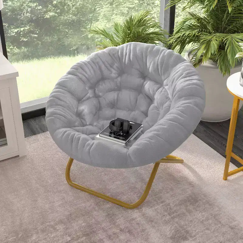 Emma and Oliver Oversize Folding Saucer Chair with Cozy Faux Fur Cushion and Metal Frame for Dorms, Bedrooms, Apartments and More