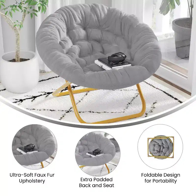 Emma and Oliver Oversize Folding Saucer Chair with Cozy Faux Fur Cushion and Metal Frame for Dorms, Bedrooms, Apartments and More