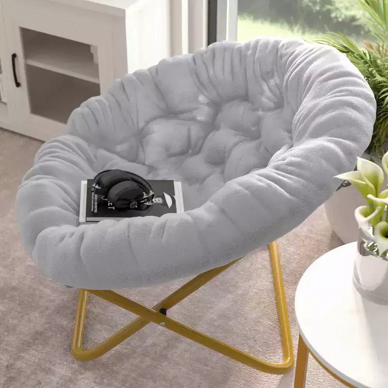 Emma and Oliver Oversize Folding Saucer Chair with Cozy Faux Fur Cushion and Metal Frame for Dorms, Bedrooms, Apartments and More