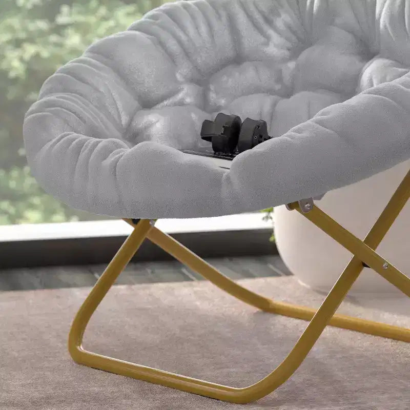 Emma and Oliver Oversize Folding Saucer Chair with Cozy Faux Fur Cushion and Metal Frame for Dorms, Bedrooms, Apartments and More