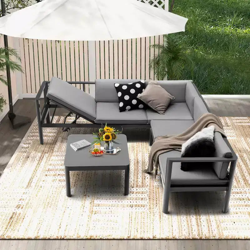 Costway 3PCS Patio Furniture Set Aluminum Lounge Adjust Back Recliner Sofa Table Cushion