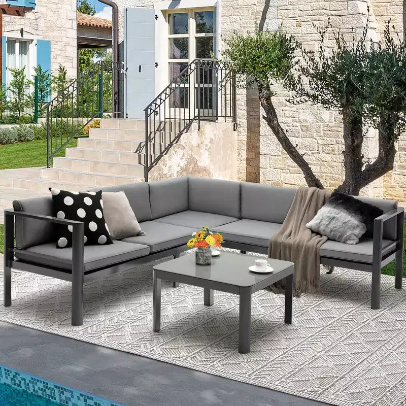 Costway Ensemble mobilier de jardin 3 pièces en aluminium, fauteuil inclinable réglable, canapé et table avec coussins