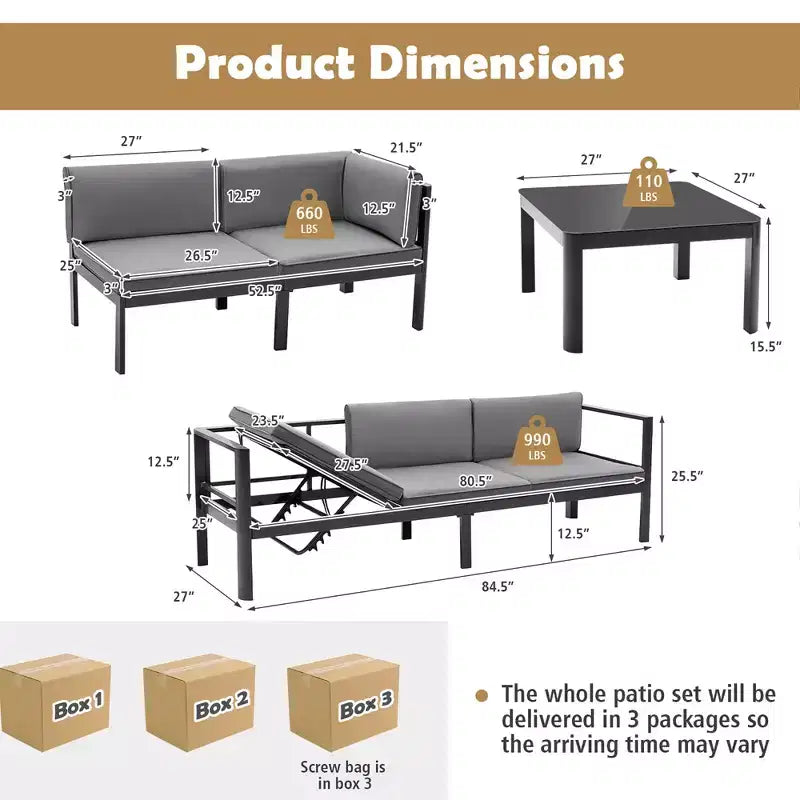 Costway Ensemble mobilier de jardin 3 pièces en aluminium, fauteuil inclinable réglable, canapé et table avec coussins