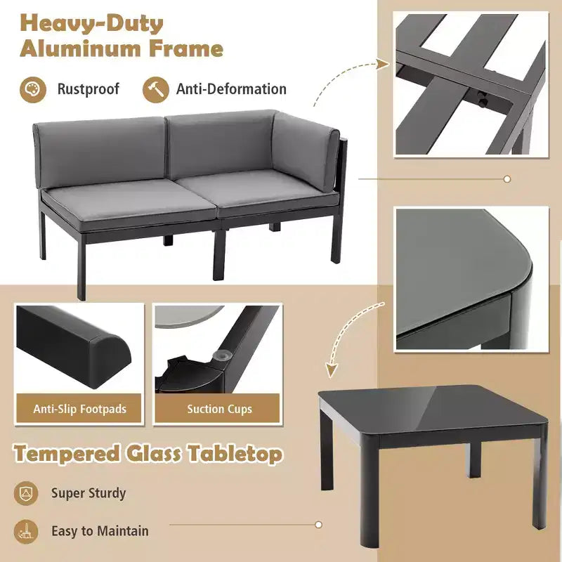 Costway Ensemble mobilier de jardin 3 pièces en aluminium, fauteuil inclinable réglable, canapé et table avec coussins