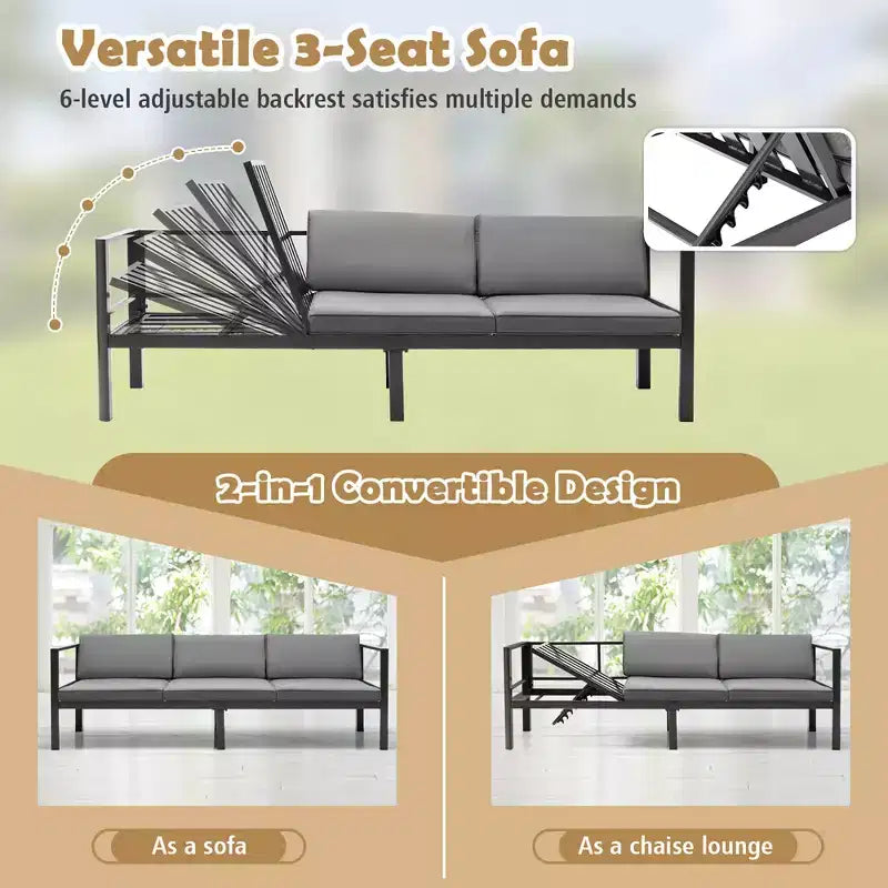 Costway Ensemble mobilier de jardin 3 pièces en aluminium, fauteuil inclinable réglable, canapé et table avec coussins