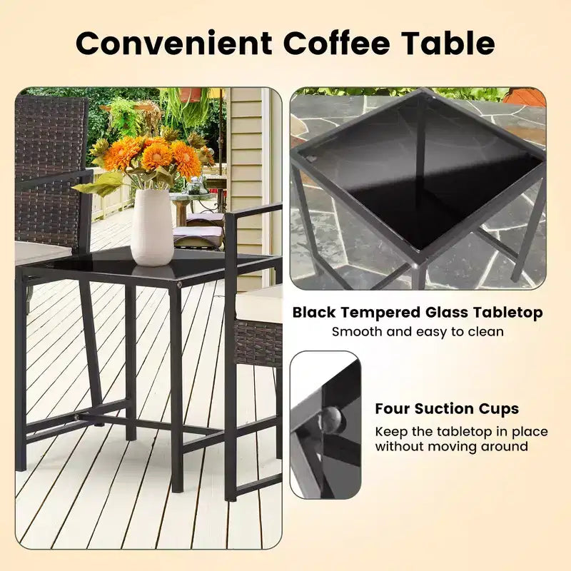 Costway Ensemble de Meubles de Jardin 3 Pièces Chaises en Rotin et Table Rembourrées Robuste