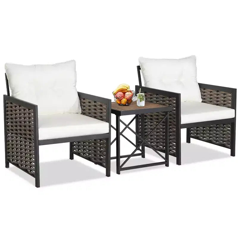 Costway Ensemble de Meubles de Jardin en Rotin 3 Pièces Table Basse en Bois d'Acacia et 2 Chaises pour Jardin/Patio