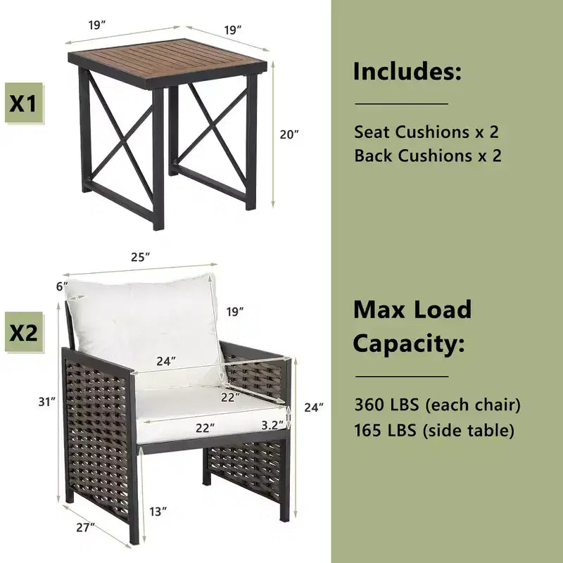 Costway Ensemble de Meubles de Jardin en Rotin 3 Pièces Table Basse en Bois d'Acacia et 2 Chaises pour Jardin/Patio