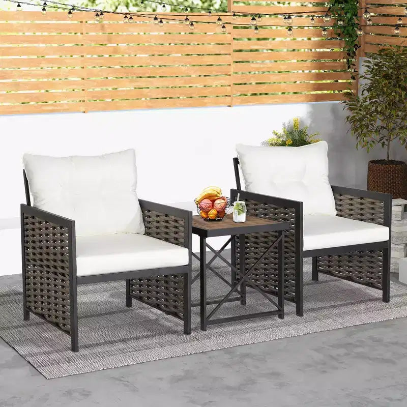 Costway Ensemble de Meubles de Jardin en Rotin 3 Pièces Table Basse en Bois d'Acacia et 2 Chaises pour Jardin/Patio