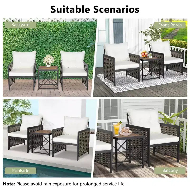 Costway Ensemble de Meubles de Jardin en Rotin 3 Pièces Table Basse en Bois d'Acacia et 2 Chaises pour Jardin/Patio