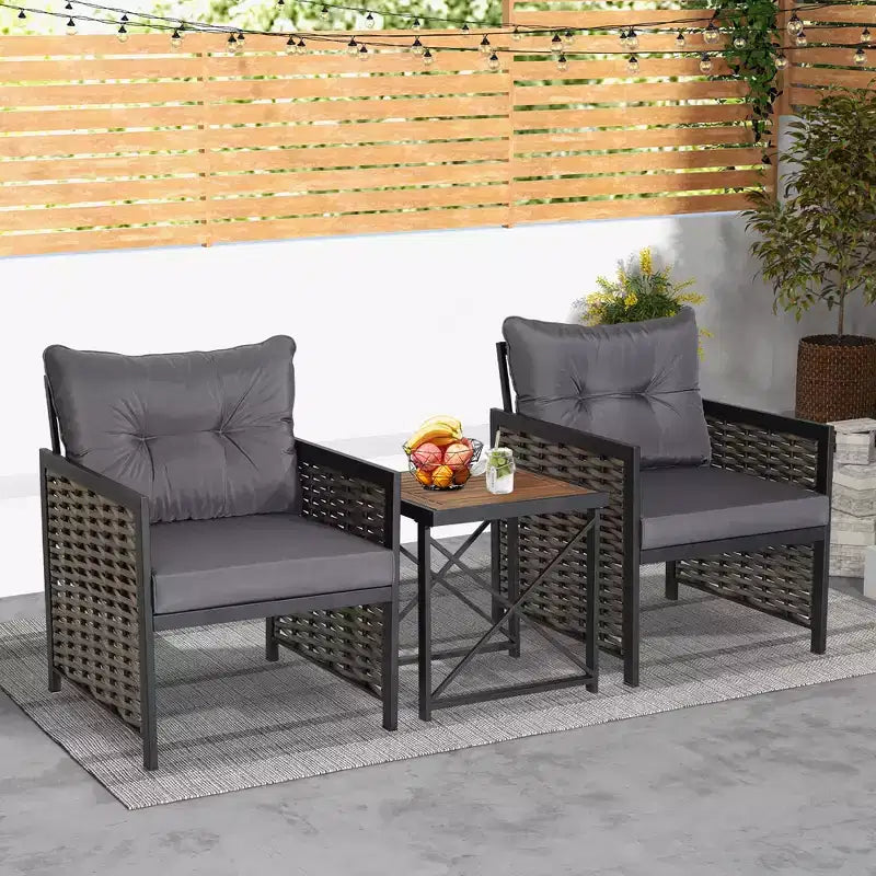 Costway Ensemble de Meubles de Jardin en Rotin 3 Pièces Table Basse en Bois d'Acacia et 2 Chaises pour Jardin/Patio
