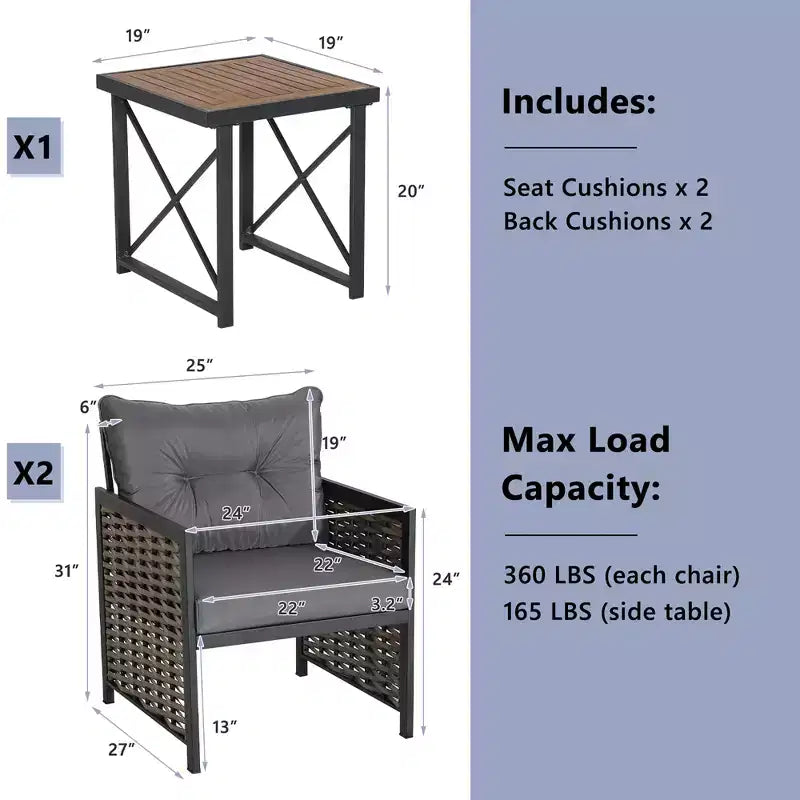Costway Ensemble de Meubles de Jardin en Rotin 3 Pièces Table Basse en Bois d'Acacia et 2 Chaises pour Jardin/Patio