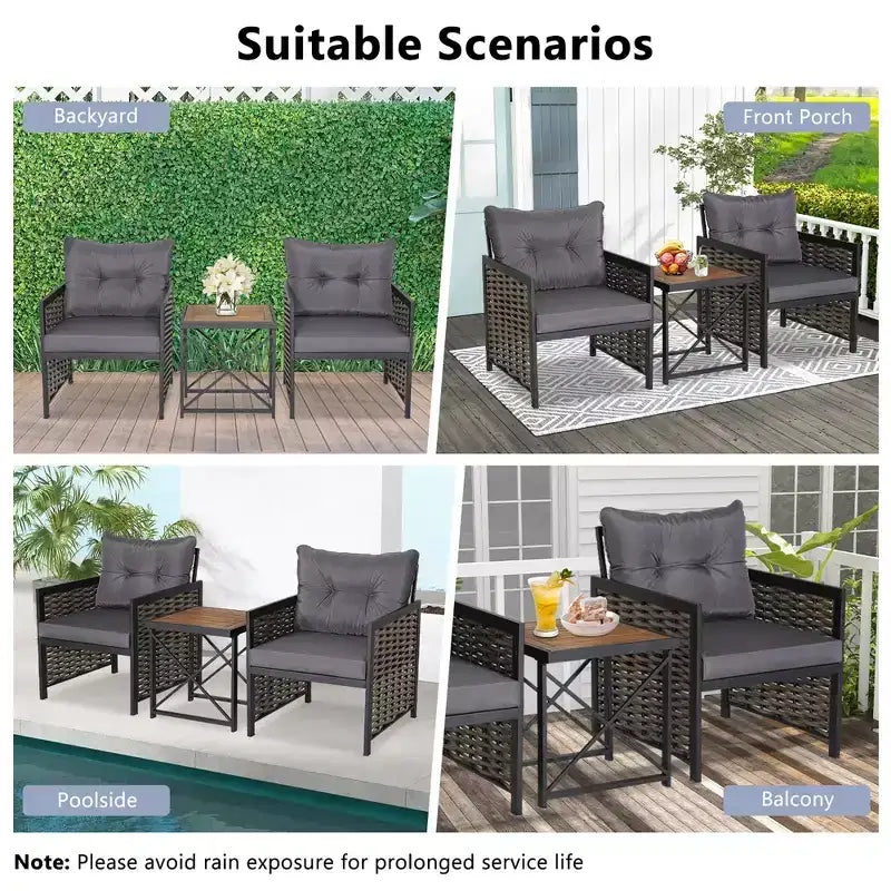 Costway Ensemble de Meubles de Jardin en Rotin 3 Pièces Table Basse en Bois d'Acacia et 2 Chaises pour Jardin/Patio