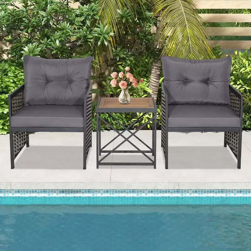 Costway 3 PCS Patio Rattan Furniture Set Acacia Wood Coffee Table & 2 Chairs Backyard