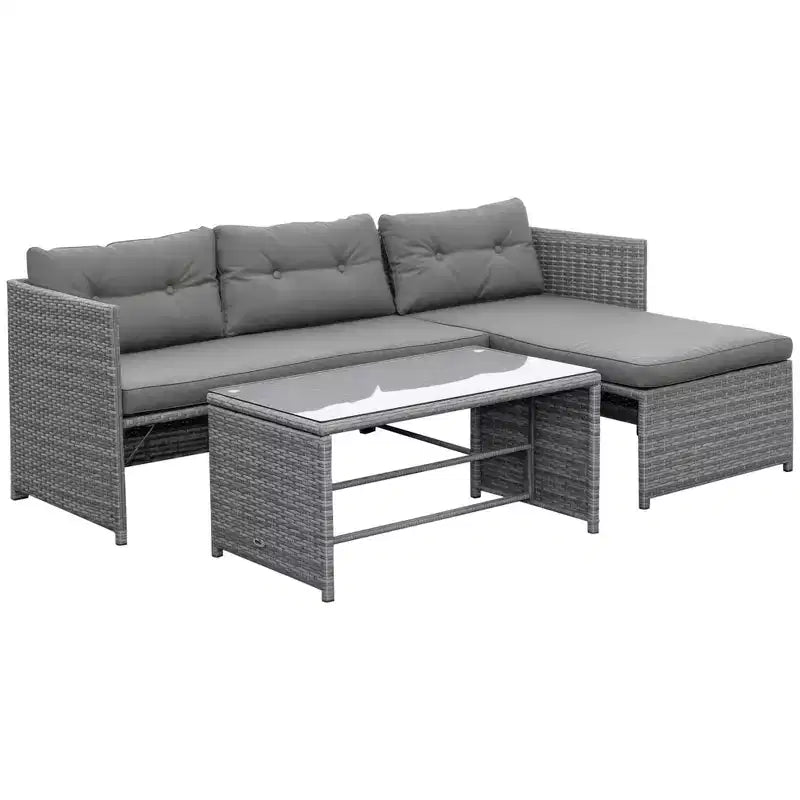Outsunny 3 Piece Patio Furniture Set, Rattan Outdoor Sofa Set with Chaise Lounge & Loveseat, Soft Cushions, Table, L-Shaped Sectional Couch